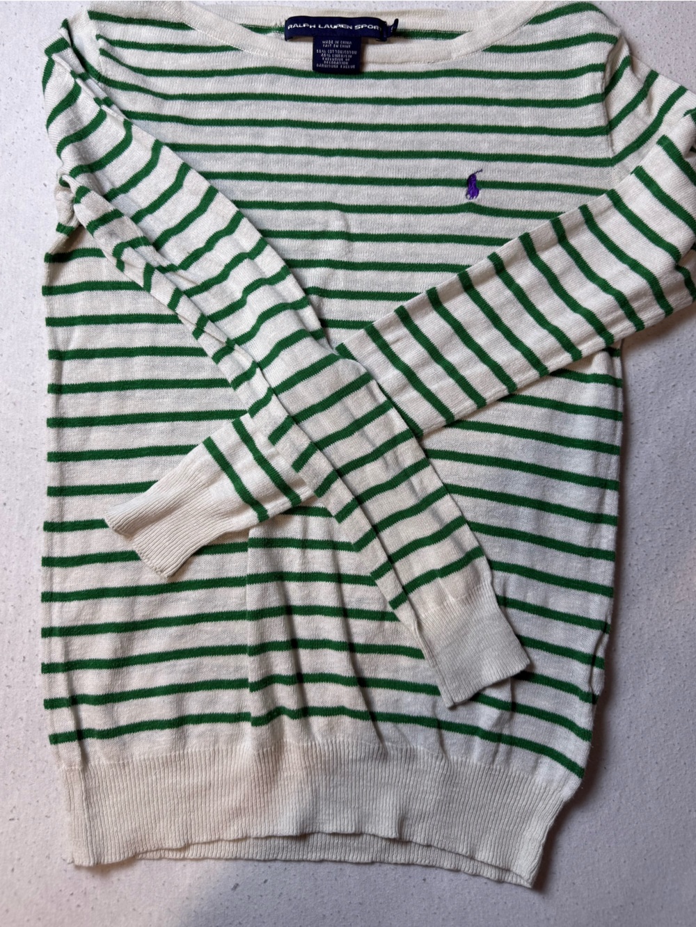 Ralph Lauren White and Green Striped Knit Top with Polo Logo